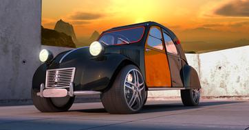 old black car CitroÃ«n 2CV on sunset background