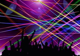 silhouette of a crowd of people on the background of a multi-colored laser show