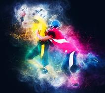 Colorful drawing of the soccer players at dark background