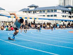 sprinters are preparing to start at the stadium