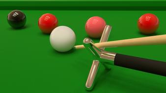 snooker, balls and cue on table, 3d render