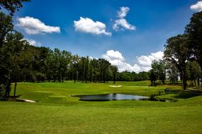 green Golf Course and trees under blue sky, usa, alabama