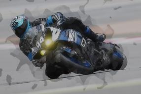 Drawing of a person riding blue and white bike in the race