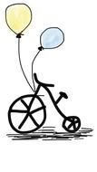 Black drawing of the bike, with the yellow and blue balloons, at white background, clipart