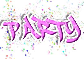 Purple "Party" sign, among the colorful dots, at white background, on clipart