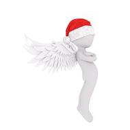 painted white man with angel wings in a christmas hat
