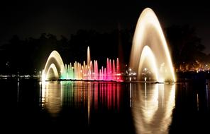 night photo of dancing fountains in Ibirapuera Park in Sao Paulo, Brazil