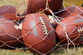 American football balls in a net on the field