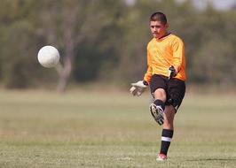 Person, playing soccer, with the white ball, on the green field near the green trees