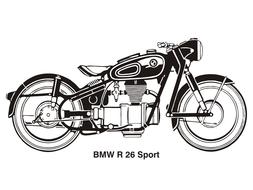 Black and white drawing of the BMW R 26 Sport motorcycle, clipart