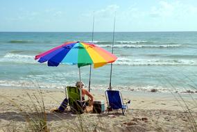 lone fisherman under an umbrella on the beach