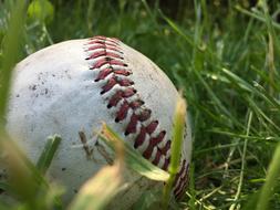 dirty baseball ball on green grass