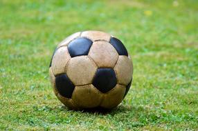 Football Leather Ball on the grass close-up on a blurred background