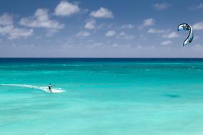 Person, doing kite surfing with the parachute, above the beautiful, turquoise water, under the blue sky with white clouds