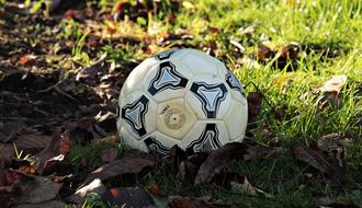 Close-up of the colorful, shiny football, among the colorful leaves and grass, in the autumn