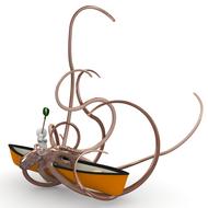 giant octopus holding Rowing boat with man, render