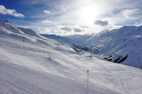 Beautiful landscape of the snowy mountains in Obergurgl Hochgurgl in Austria, n light