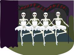 ballerina skeletons on stage for halloween postcard