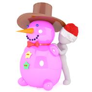 white abstract person in santa hat behind big pink snowman, 3d render