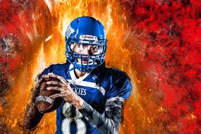 drawn american football player on fire background