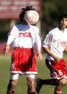 soccer ball flies to the head of a soccer player
