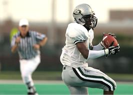 American football player with the ball, in action, on the field