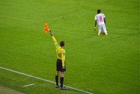 Kneeled soccer player, near the referee, showing flag, on the green field, with white lines
