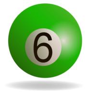 Model of the shiny, green, cream and black billiard ball with number "six" with the shadow, clipart