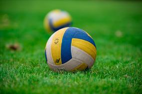 volleyball balls on green grass close up in blurred background