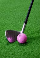 Close-up of the shiny golf club and beautiful, pink golf ball on the green grass