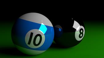 Shiny, blue, black and white billiard balls, with the numbers "10" and "8", on the green surface, clipart