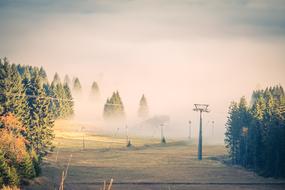 Beautiful landscape with the green trees and cableway in fog, in autumn