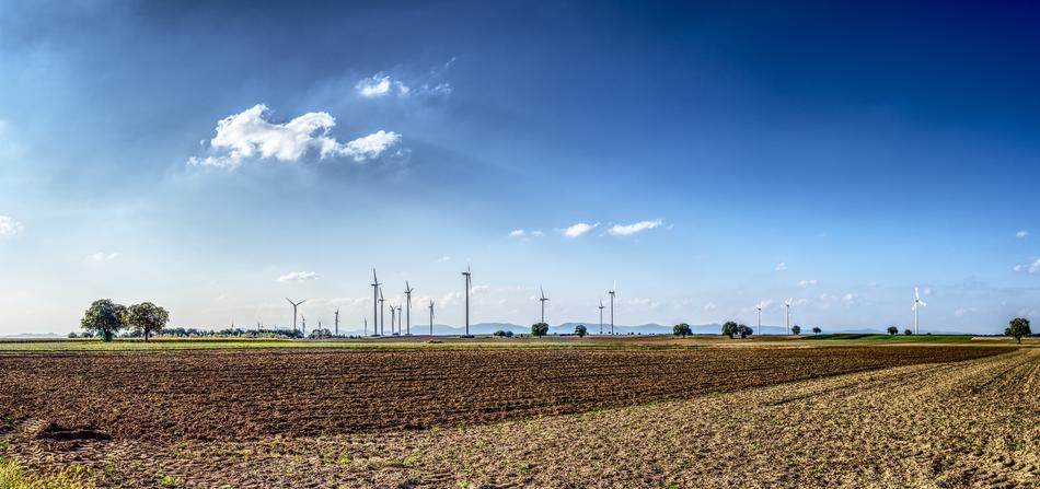 Beautiful landscape with the wind turbines, among the colorful fields