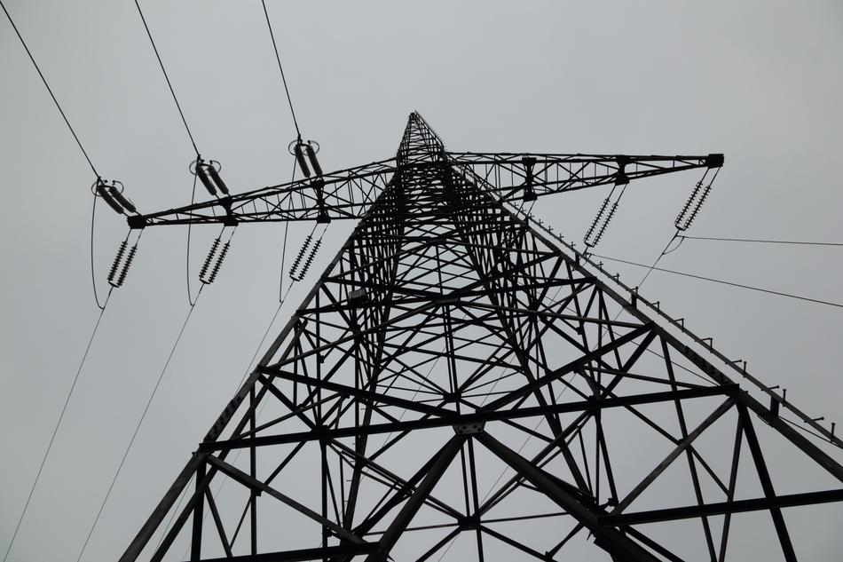 Black and white photo of the electricity tower in Charleroi, Belgium