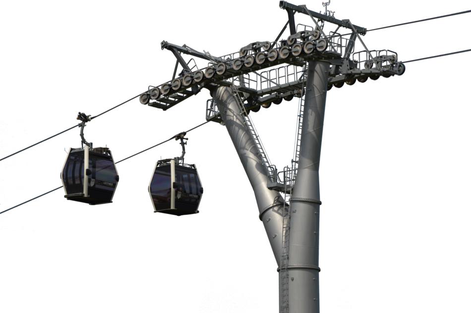 two cable cars on road at mast, isolated