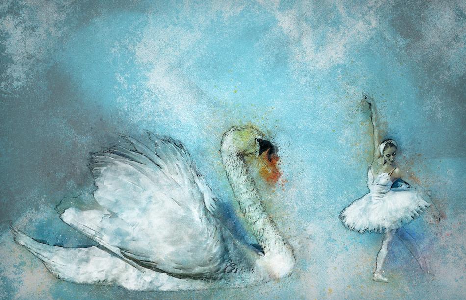 ballerina and swan as watercolor painting