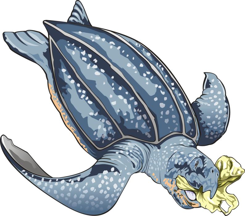 Cute and beautiful, blue turtle with the bags of plastics, at white background, on clipart