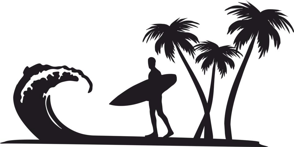 palm trees and surfer on beach