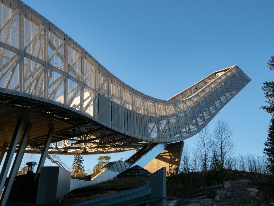 Beautiful ski jumping construction in Oslo, Holmekollen, Norway, among the trees