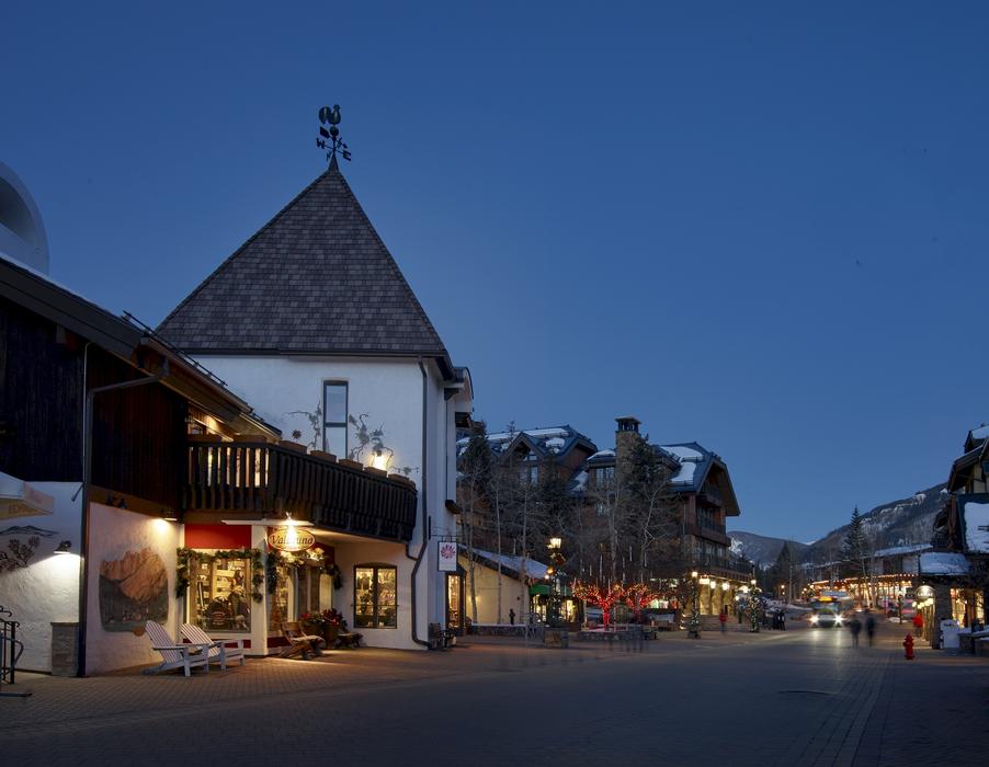 Beautiful landscape of the village with colorful lights, at blue sky, in Colorado, USA, in the evening
