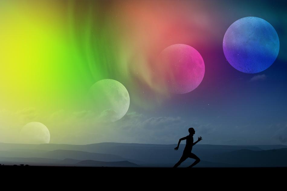 silhouette of a running athlete on the background of the moon phase