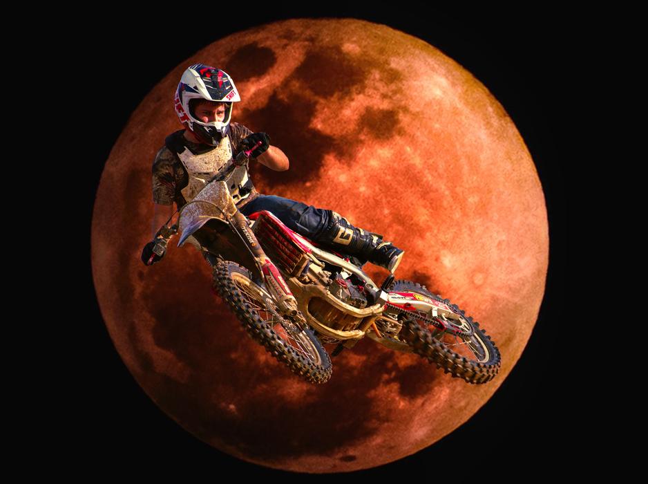 Rider on the dirt bike, in jump, at background with the colorful planet, in the space, clipart
