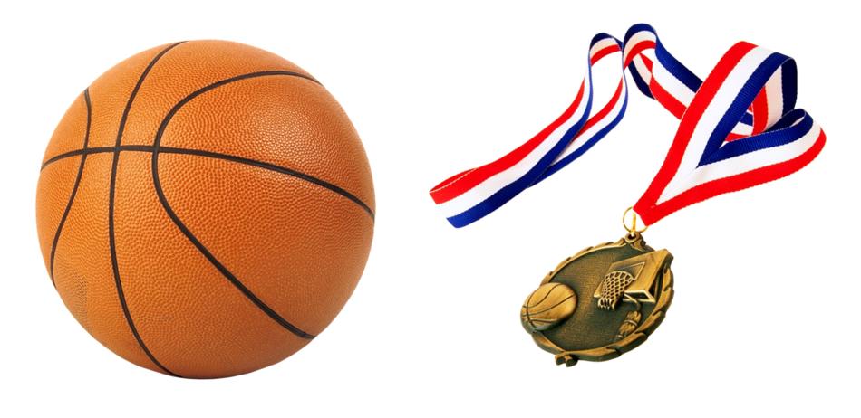 Shiny, orange and black basketball and colorful medal, with the ribbon, at white background