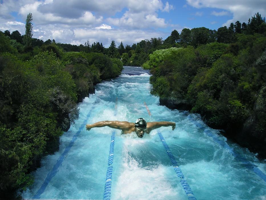 swimming pool among green nature as a photo montage