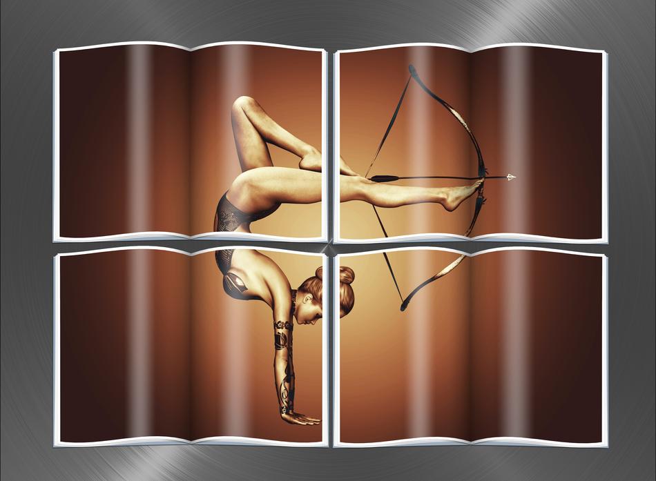 girl shooting bow with her foot at colorful background, render in four pieces
