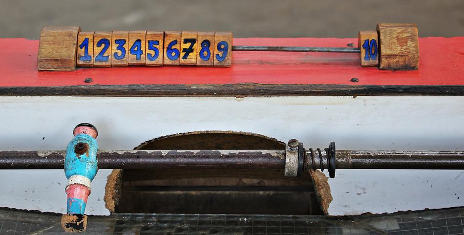 Close-up of the colorful, old kicker table, with the figures and numbers