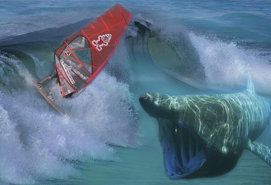 Water roller on the big wave, and monster underwater, on clipart
