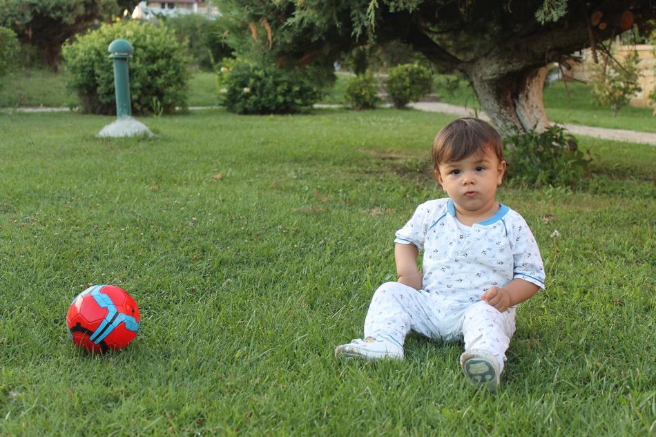 Kid and red and blue ball on green lawn with plants