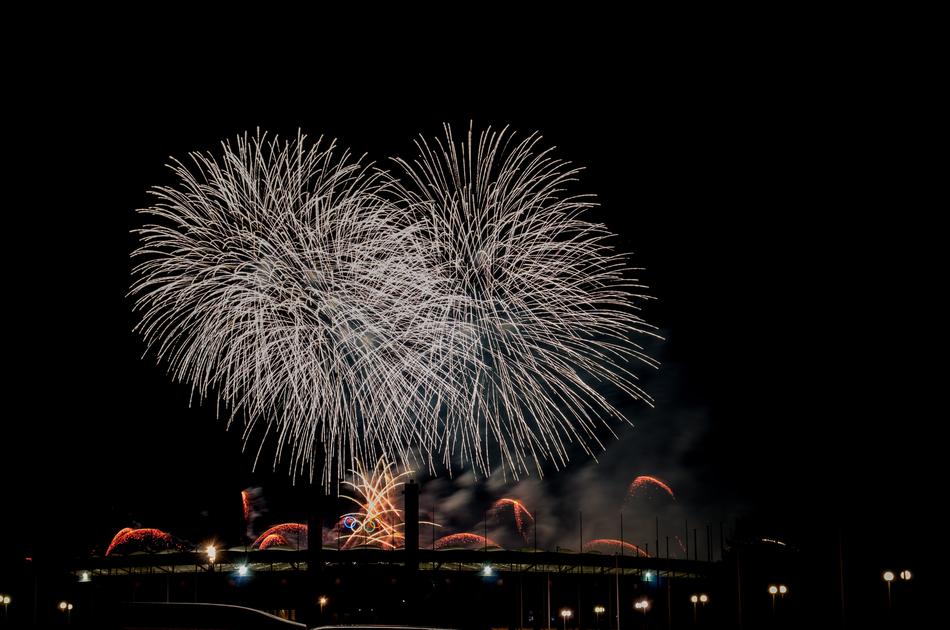Beautiful, white fireworks on the festival on the stadium in Berlin, Germany