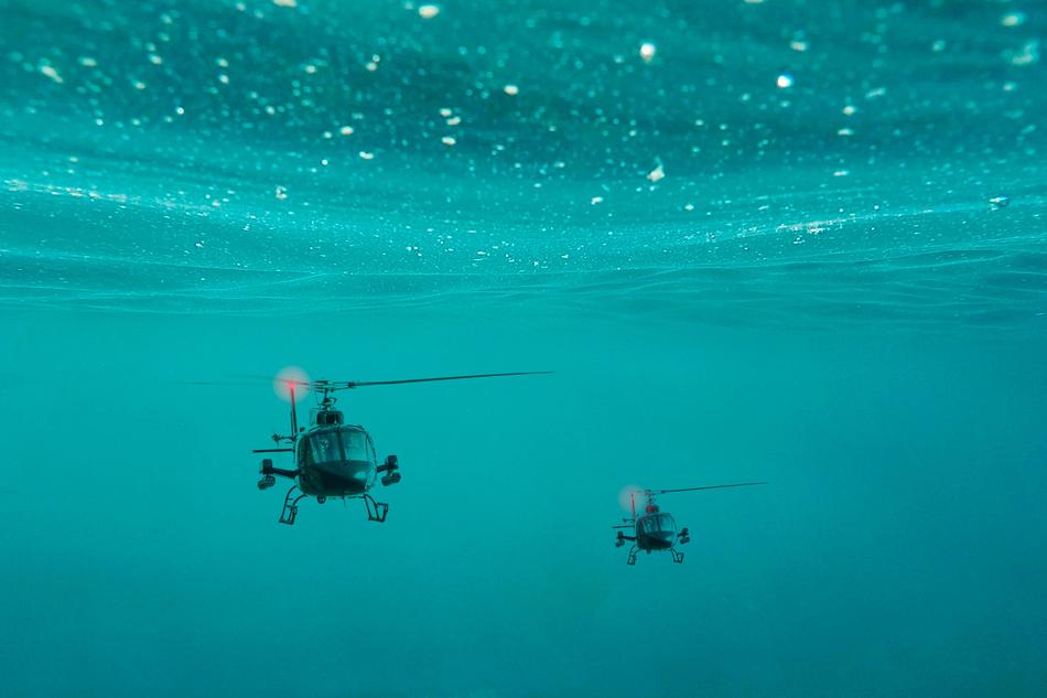 Flying helicopters in the beautiful, turquoise water